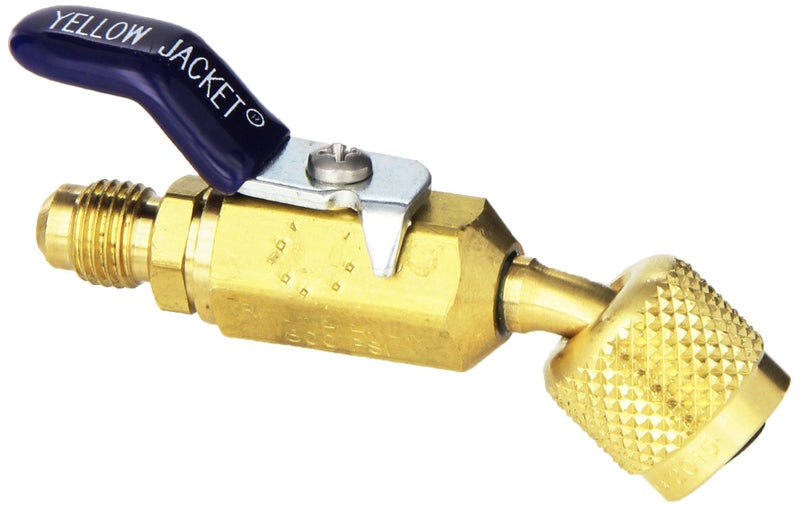 Yellow Jacket 93843 Â¼â€ Compact Ball Valve - add to hoses for charging and recovery â€“ 45 degree angle â€“ Â¼â€ F.FL. x Â¼â€ M.FL - Image 1